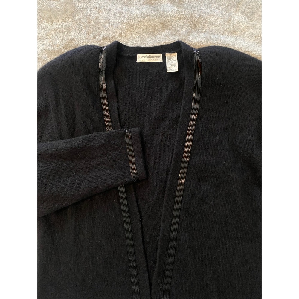 Liz Claiborne Cardigan Sweater Sz M Black Embellished Lambswool Angora‎ Classic